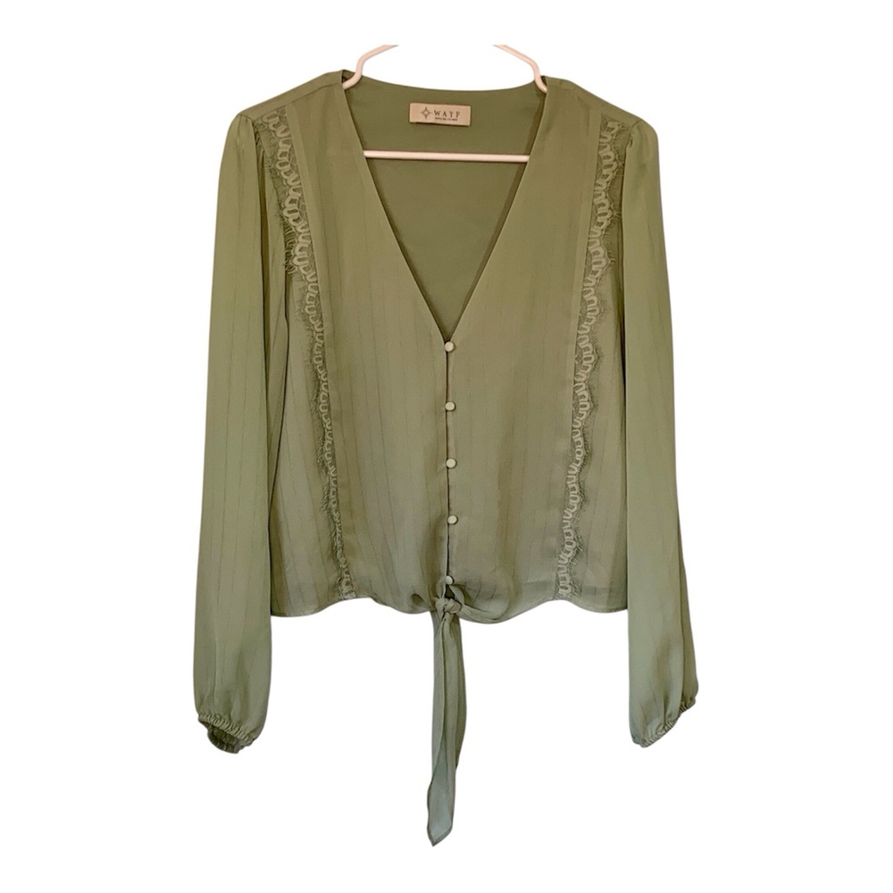 WAYF Sage Green Blouse with Lace Trim